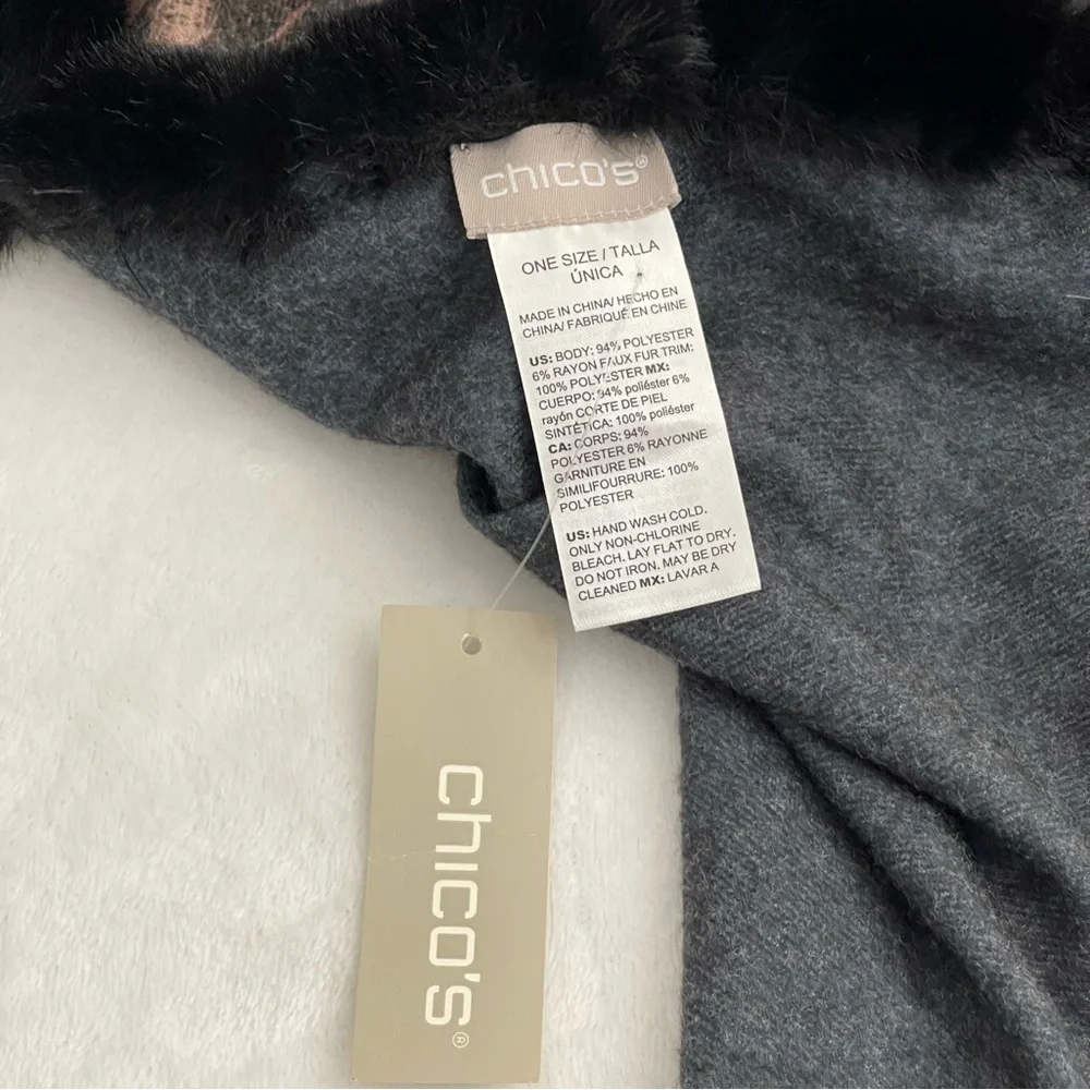 CHICOS NOSZ FUR TRIMMED LEO LACE WRAP. 27”X 70”